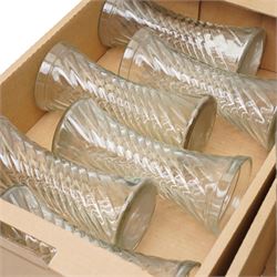 Set of twelve glass vases H25cm, three glass soda syphons and a set of seven glass vases in two sizes