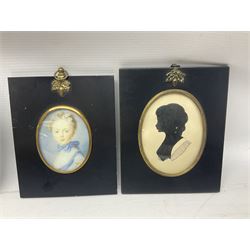 Three early 20th century framed portrait silhouettes, together with a printed portrait miniature in frame (4)