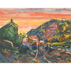 Giuseppe Ioanna (British 1956-): 'Three Boats' Staithes Beck, acrylic on board signed and dated 2013, titled verso 42cm x 54cm, together with two further landscapes acrylics on canvas by the artist 30cm x 40cm (unframed) (3)