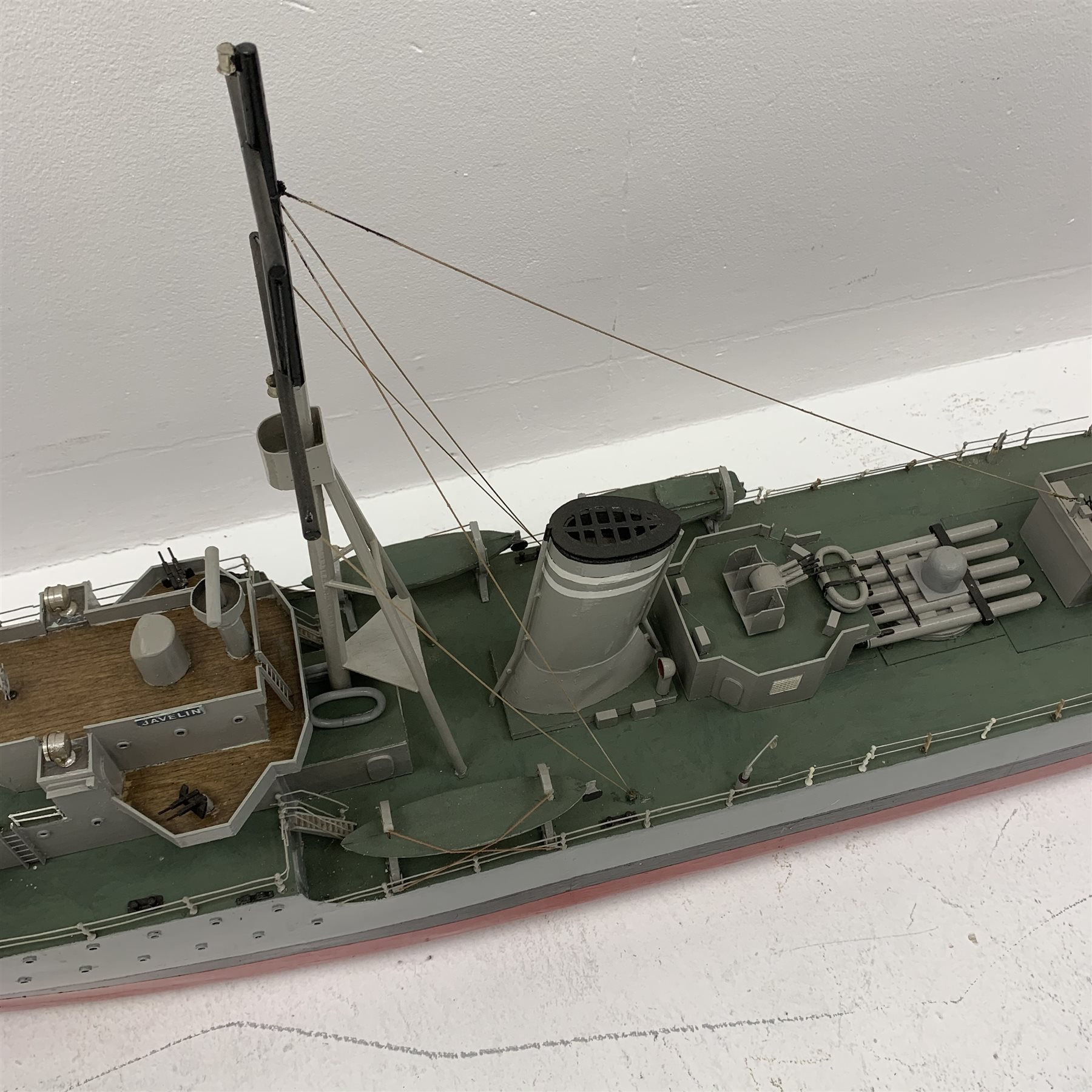 Large scale model of the Destroyer Javelin F61 painted in battle colours, with plans, L178cm, W22cm, H61cm. 
