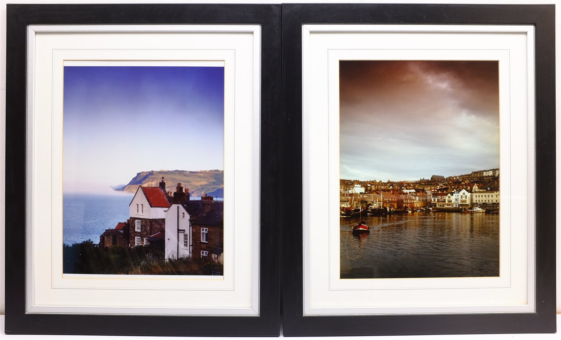 Sue McDonald 'Beside the Wave Gallery', poster print 69cm x 49cm; Scarborough Harbour & Robin Hood's Bay, pair gloss finish photographs 39cm x 29cm; Scarborough South Bay and Harbour, pair photographic prints on canvas 51cm x 76cm (5)
