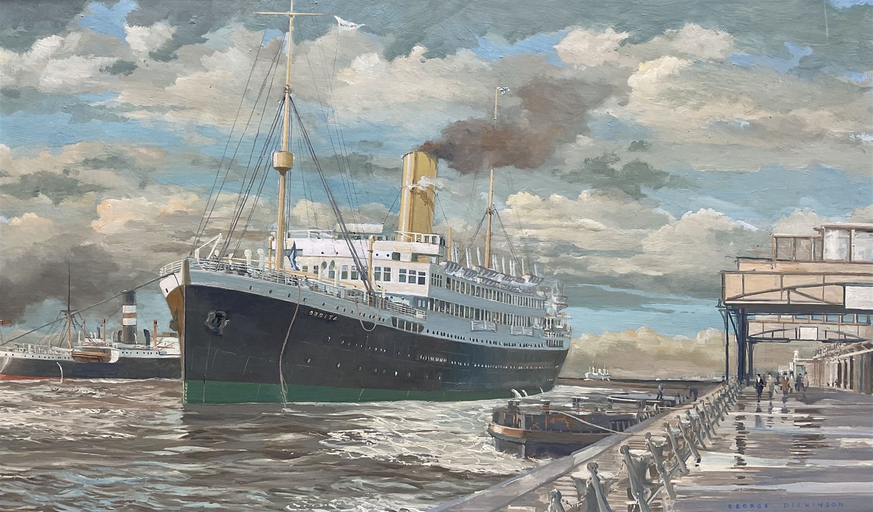 George Dickinson (British 20th Century): SS Oribita Moored in the Harbour, oil on board signed and dated 1974, 34cm x 57cm 
