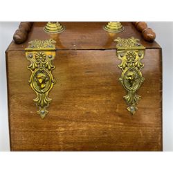 Early 20th century oak coal box, with brass mounts and handle, the hinged lid lifting to reveal removable interior lining, together with accessories