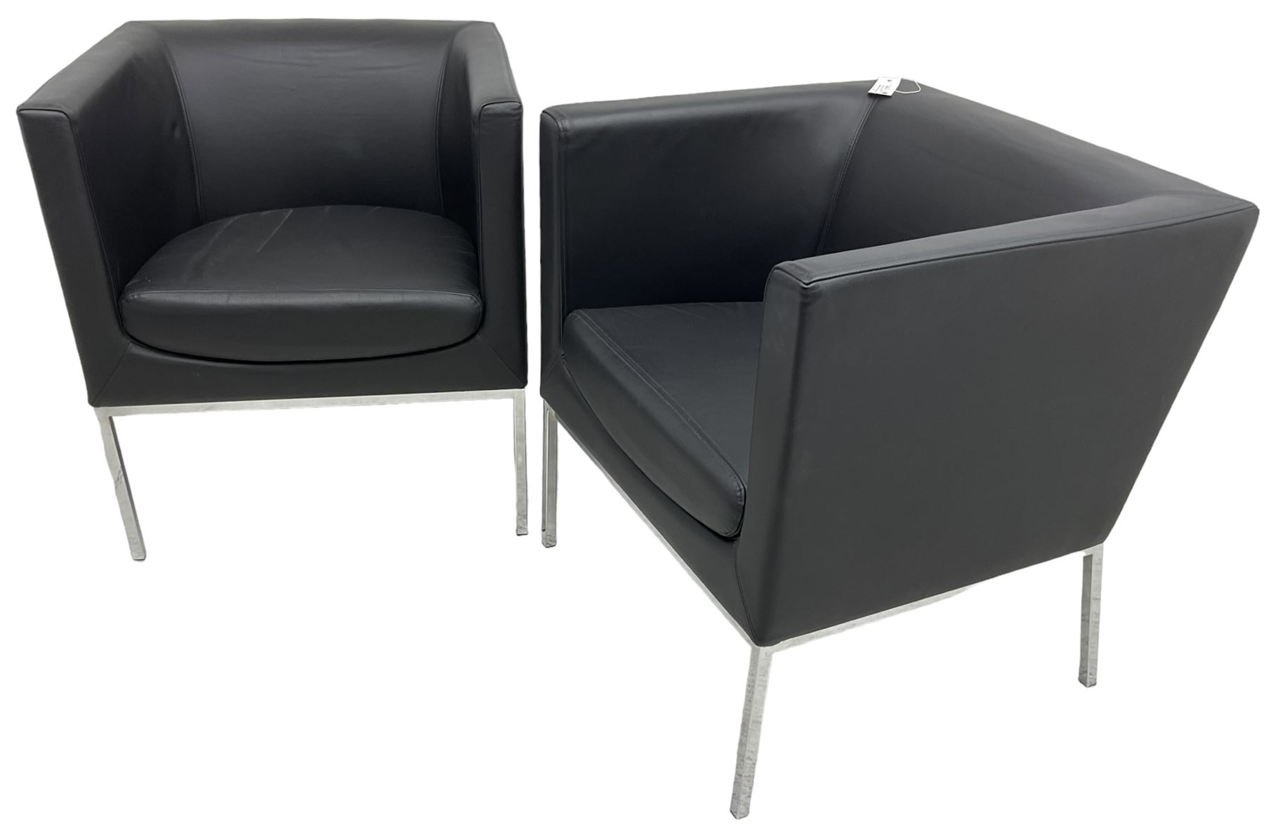 Orangebox - pair of contemporary 'Drift' tub armchairs, upholstered in blakc faux leather, on chrome supports