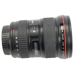 Canon Ultrasonic EF 16-35mm 1:2.8 L USM zoom lens serial no. US0207, with Canon EW-83E lens hood, in carry pouch