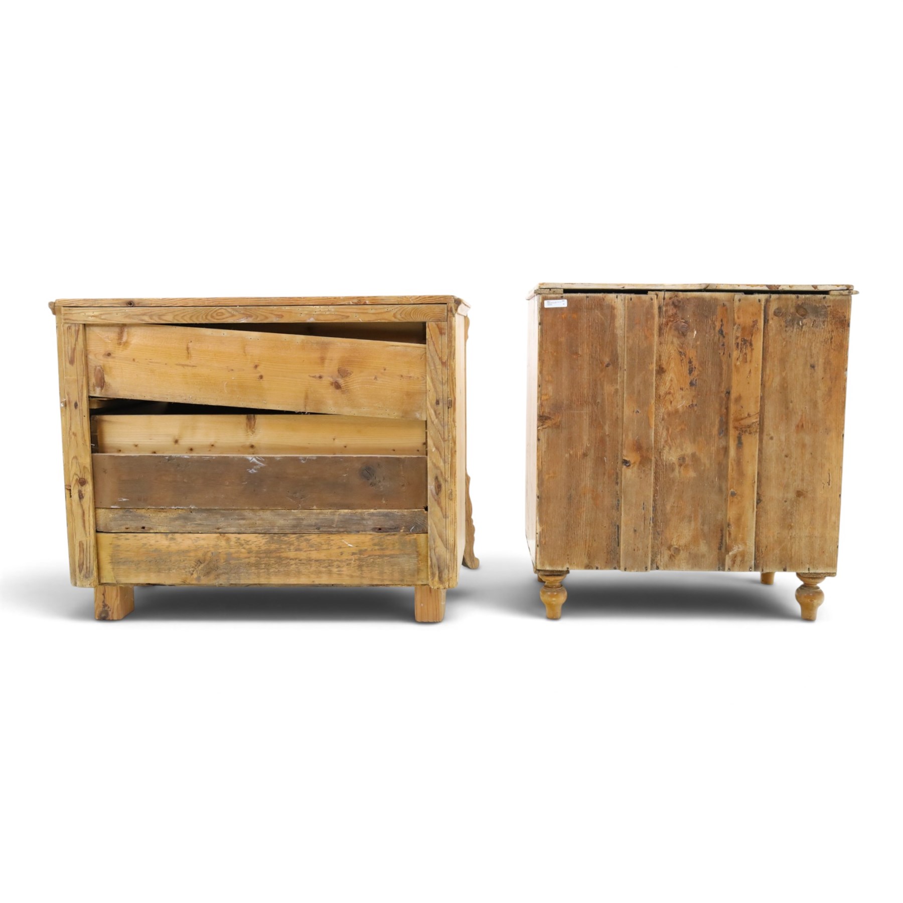 Two pine chests, comprising Victorian pine chest fitted with three  drawers with turned handles, shaped uprights extending to bracket feet, (H 83cm, W 77cm, D 41cm) and Continental pine chest fitted with three drawers with turned handles, on turned feet (H 81cm, W 100cm, D 51cm)