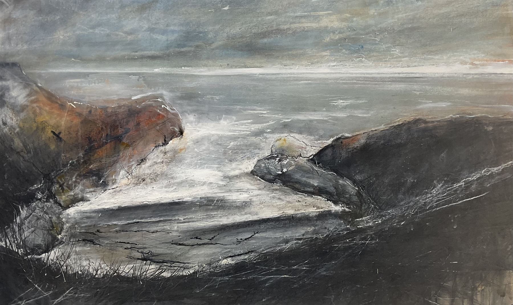 David Baumforth (British 1945-): 'Seagulls Hovering over Little Thornwick Bay Flamborough', mixed media on paper, signed titled and dated '96 on label verso 68cm x 113cm 
Provenance: with Walker Galleries, Harrogate, exhibition label verso