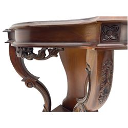 Victorian style mahogany console table, shaped moulded top on scrolled supports, moulded and canted base (W91cm, H76cm, D41cm), and a reproduction mahogany console or side table on reeded supports 