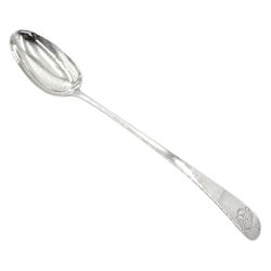 George III silver Old English pattern basting spoon, with engraved monogram to terminal, bottom struck, hallmarked London, probably 1778, makers mark indistinct, weight 3.44 ozt (107 grams)