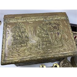 Brass twin handled lidded coal bucket of cylindrical form with ship scene, together with another coal bucket with hinged lid and similar decoration and other brass items, largest example H40cm