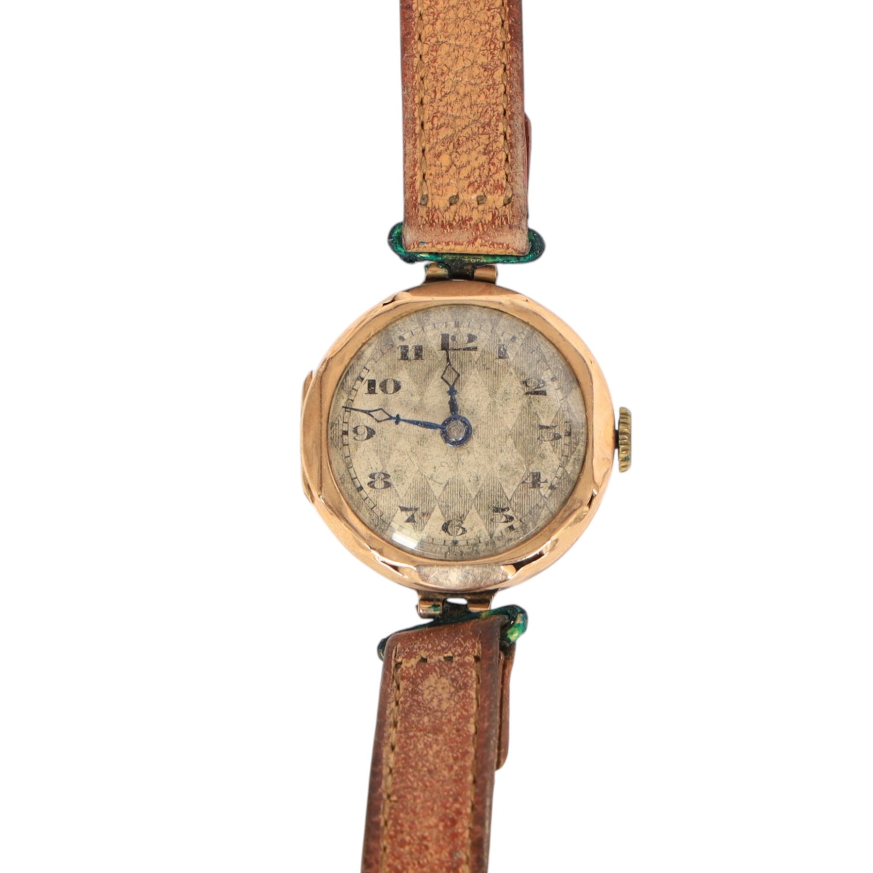 Three 9ct gold cased ladies wristwatches, including two with leather straps and one with an expanding gilt strap 