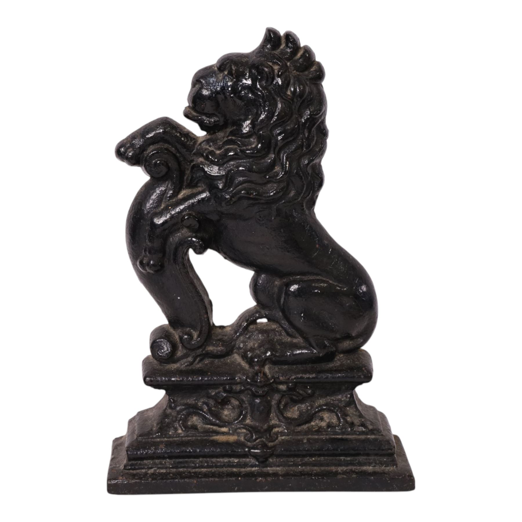 Victorian cast iron doorstop in the form of a rampant lion on a plinth base, together with cast iron Mr Punch doorstop, lion H39cm