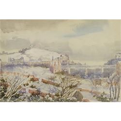 Richard Edward Clarke (British 1878-1954): 'View from Hillthorpe House (Westwood) Scarborough in Snow', watercolour signed titled and inscribed 'with Aunt Emily's love' verso 25cm x 35cm 
Notes: the view shows the Old Boys High School built as the Municipal School in 1900; an Emily Thomas is registered as living in Hillthorpe House in the Bulmer's Directory of 1890