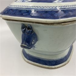Late 18th/early 19th century Chinese export blue and white porcelain tureen and cover, of oblong form with short foot and animal mask handles, decorated to the sides and cover with a riverside landscape set with pagodas, islands, bridge and figures, H20.5cm W29.5cm