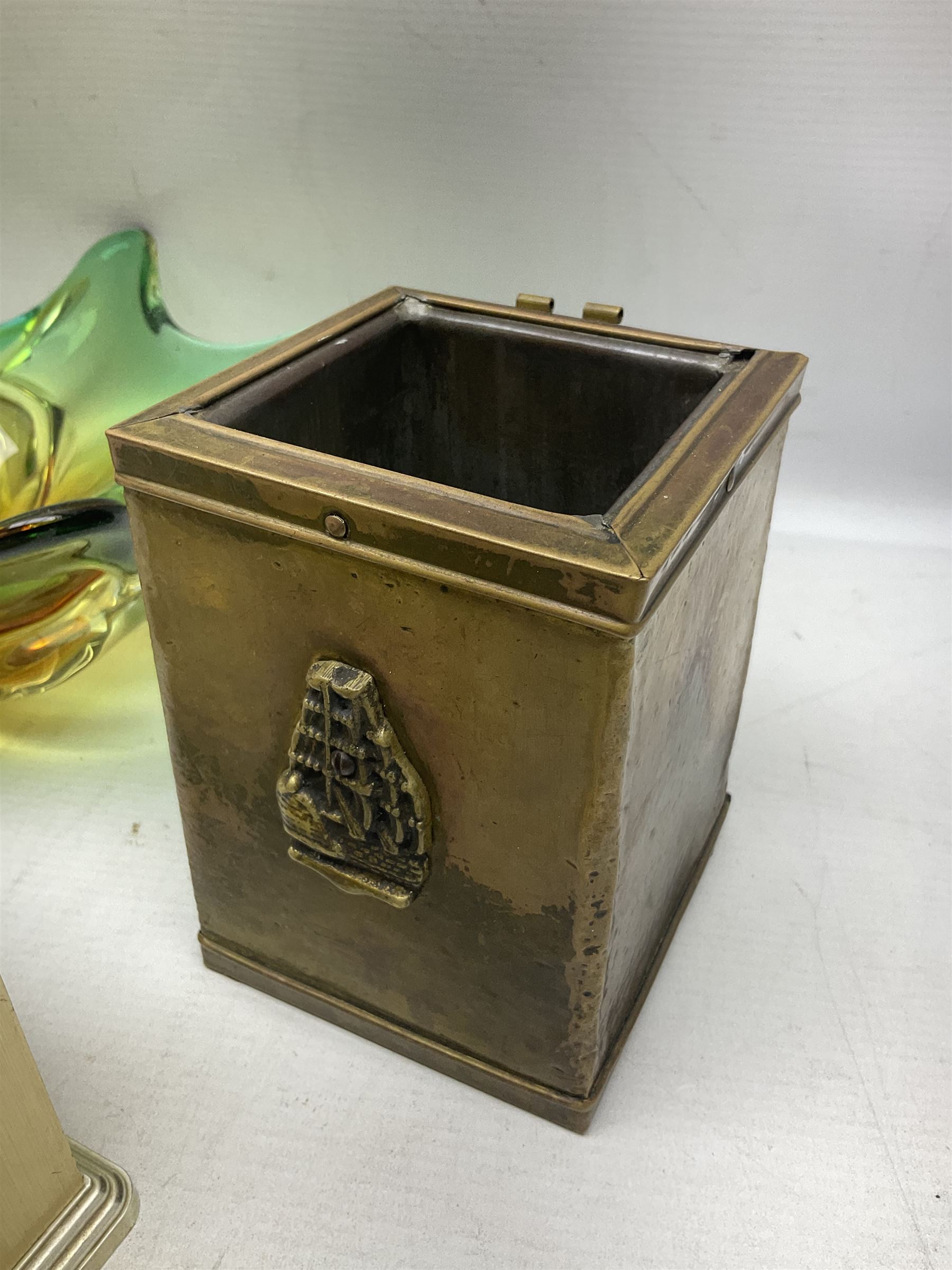 Metamec and H. Samuel battery operated brass carriage clocks, bronzed style abstract figure signed 'Cotp W', two art glass splash bowls, etc