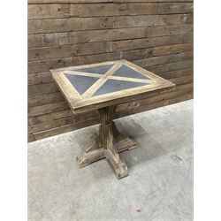 4 x Rustic square restaurant bistro table, parquetry top, X shaped base