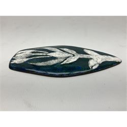 Henry George Murphy (1884-1939), Arts & Crafts enamel panel, of flat topped elliptical form decorated in white with a stylised flower upon a merging green and blue toned ground, H12.5cm W6cm

