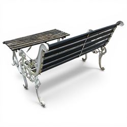 White painted cast iron slatted garden bench with 110cm wide rectangular coffee table