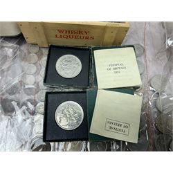 Great British and World coins, including King George VI 1951 Festival of Britain and other commemorative crowns, pennies, sixpences, florins, halfcrowns and other pre-decimal coinage, various brilliant uncirculated old round one pound coins in card folders, The Royal Mint United Kingdom 1985 silver proof one pound cased with certificate, Maria Theresa restrike silver thaler coin, pre Euro coinage etc, Bank of England Ford ten shilling notes, Page and Somerset one pound notes, Gill ten pound note 'EZ14', small number of other notes etc, in one box
