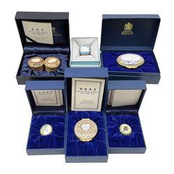 Group of seven Halcyon Days enamel boxes, each with affectionate inscriptions, including 'Wild about you', 'Don't ever change', 'Love you a bunch', etc., in six fitted boxes  