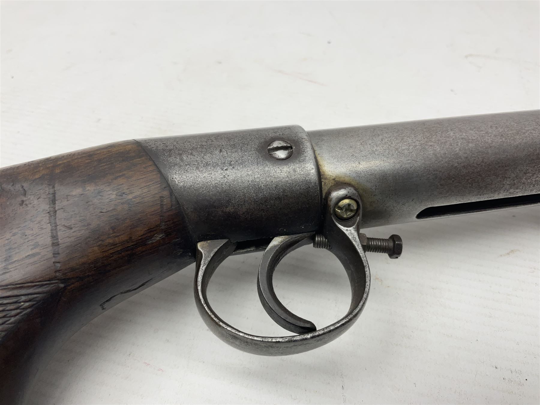Early 20th century BSA Improved Model D .177 cal. air rifle, with underlever action, top-loading, walnut stock with chequered semi-pistol grip, serial no.46481, L100cm overall NB. AGE RESTRICTIONS APPLY TO THE PURCHASE OF AIR WEAPONS.