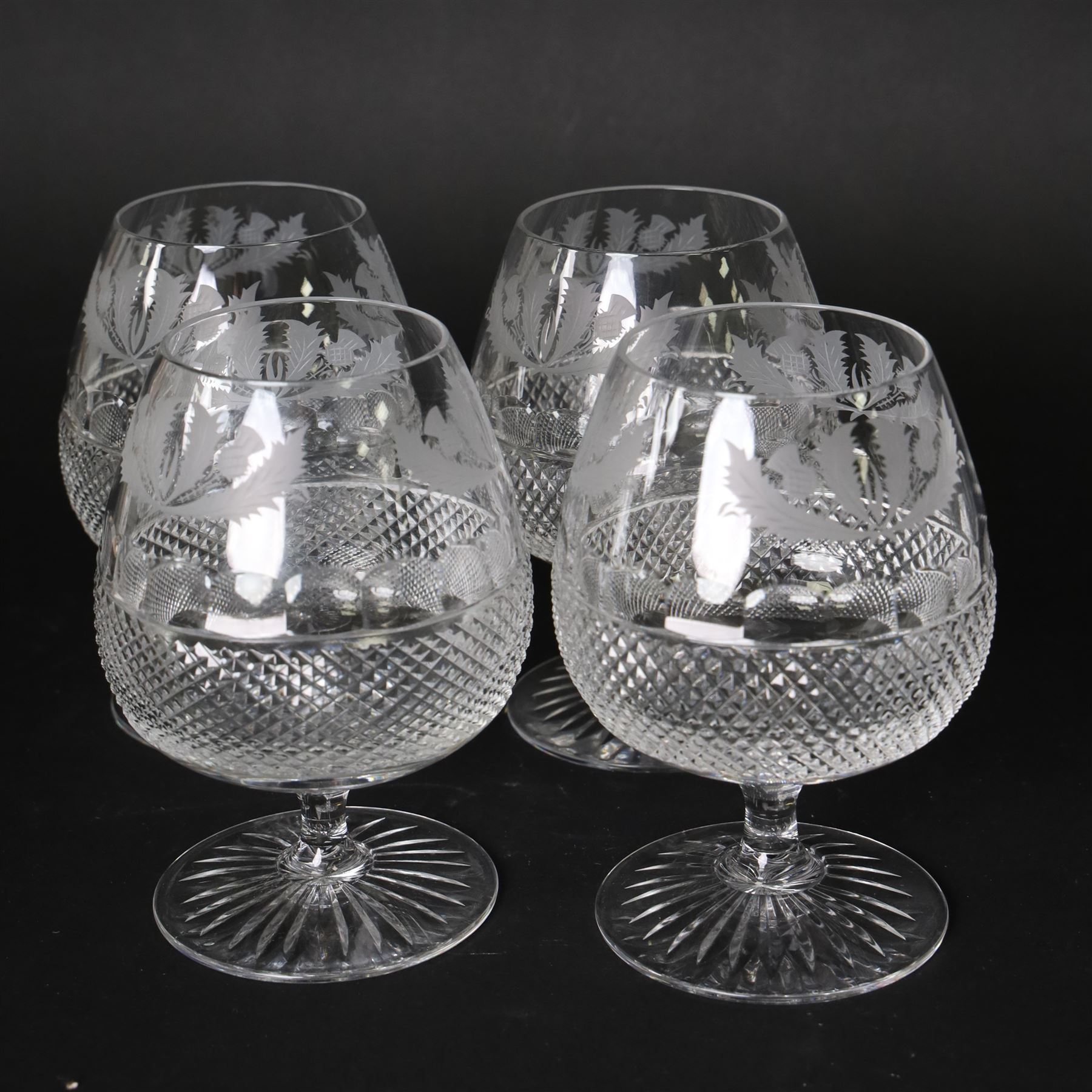 Edinburgh Crystal Thistle pattern suite of glass for ten, comprising champagne, white wine, red wine, brandy balloons, sherry, port and tumblers 