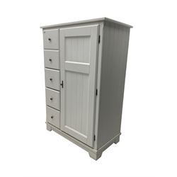 White painted cupboard, fitted with large cupboard, two false drawers enclosing cupboard over three drawers, on bracket feet
