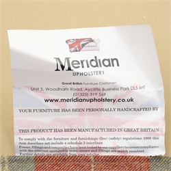 Meridian - snuggle armchair or loveseat, of traditional squared shape, upholstered in tartan fabric with loose cushions, on rectangular feet