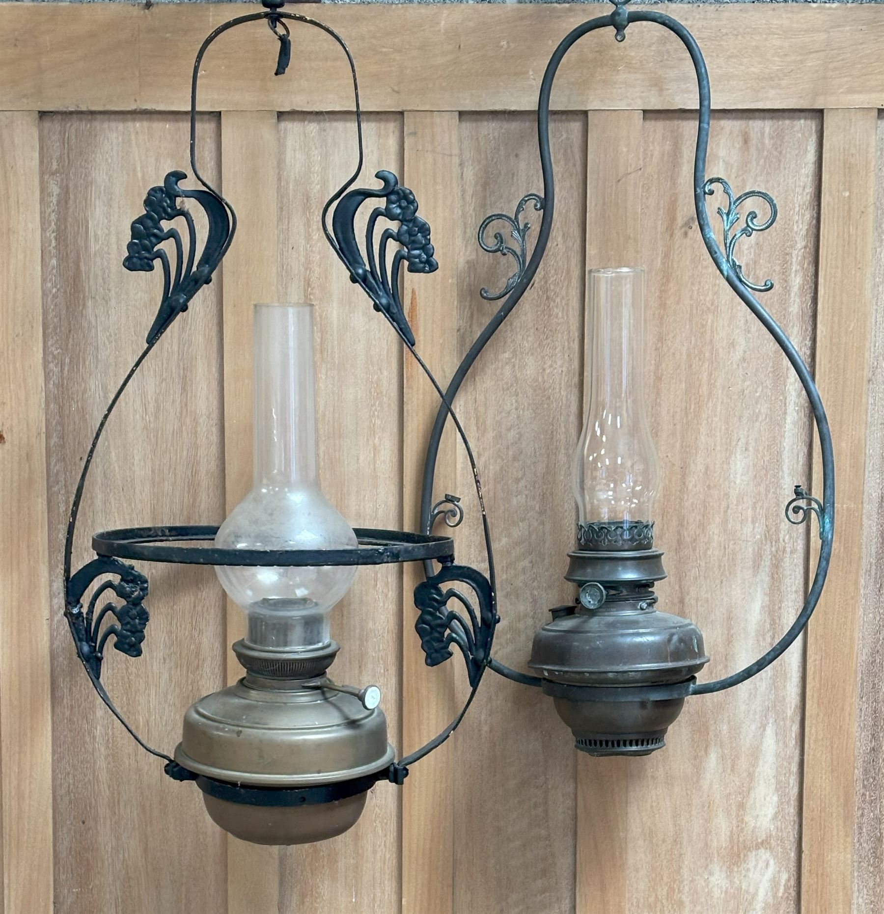 Two late Victorian hanging oil lamps, larger H78cm.  - COLLECTION BY APPOINTMENT FROM: The White House, Thirsk Road, Easingwold, York, YO61 3NF - CALL 01723 507111 TO ARRANGE