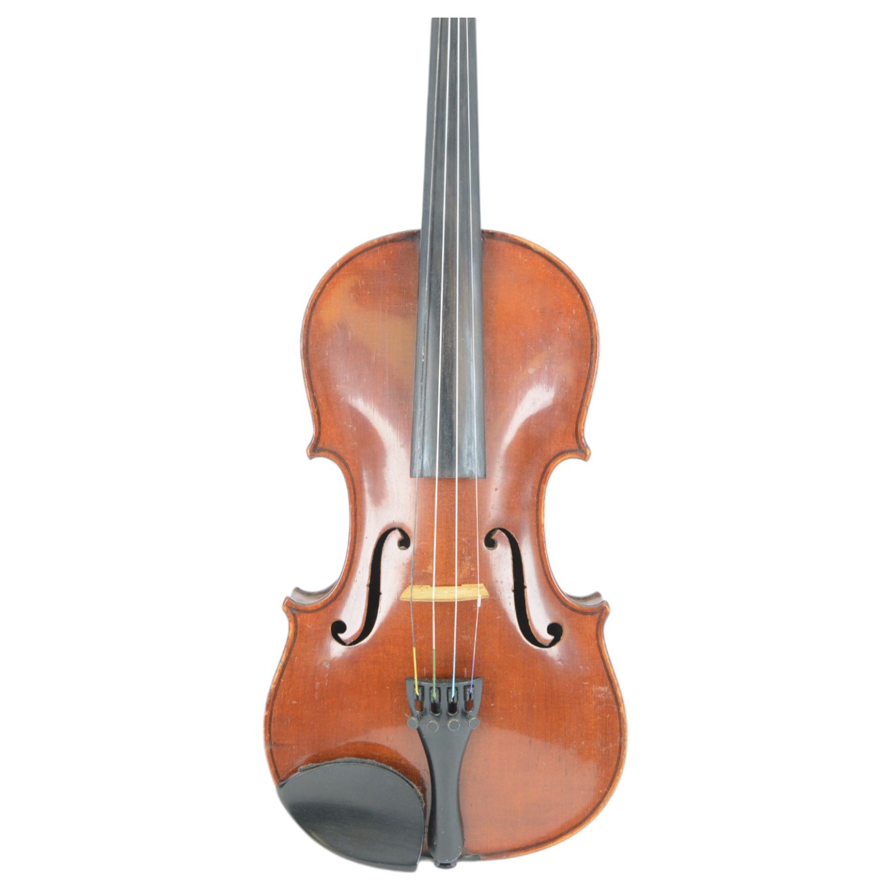 20th century-full sized violin, maple back and side ribs with a spruce top and chin rest, ebonised fretboard and fittings, no bow, housed in a soft case. 