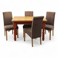 Contemporary pine farmhouse table and four chairs, rectangular top with rounded corners an...