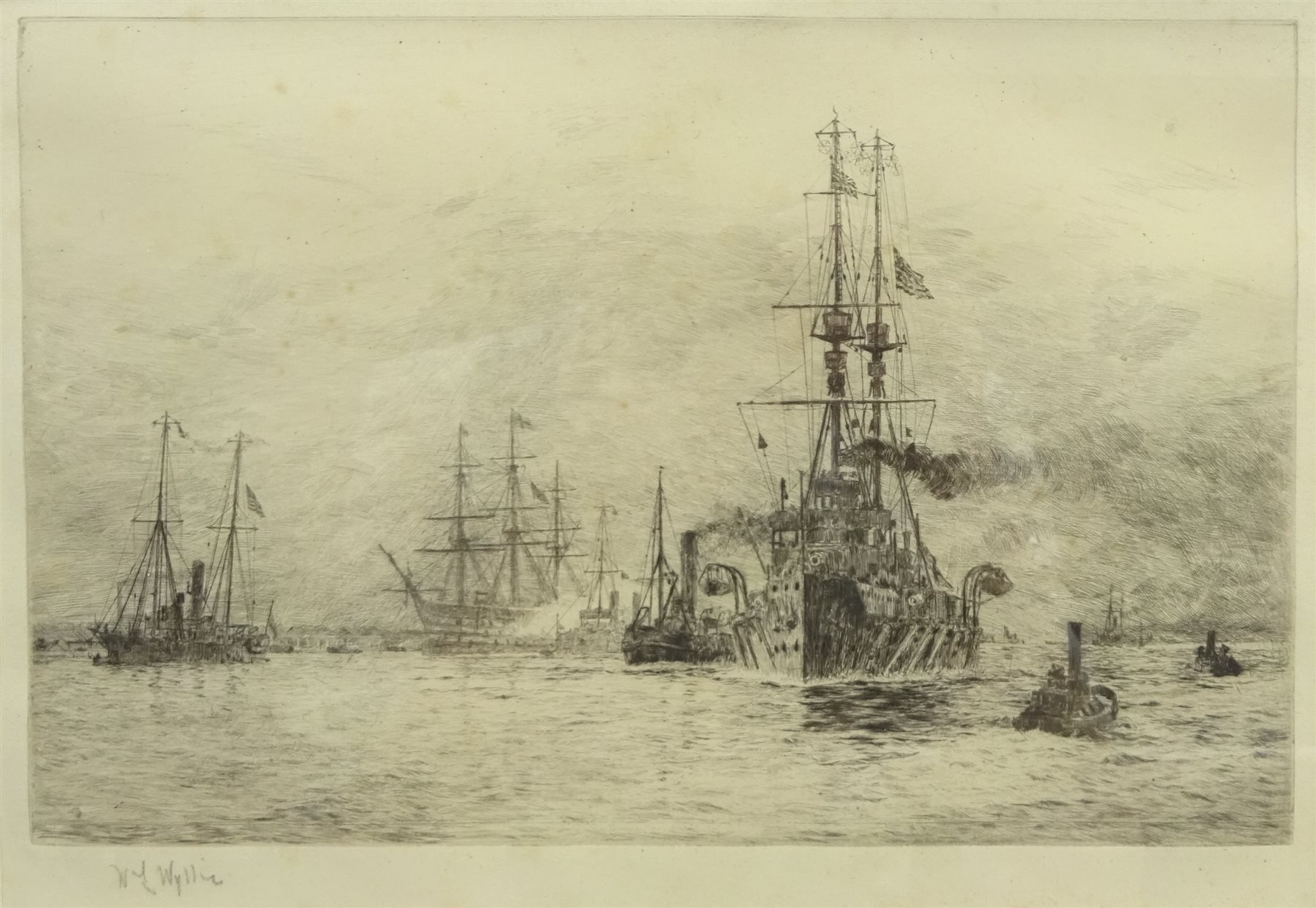 William Lionel Wyllie (British 1851-1931): 'The Last Journey' - HMS Natal leaving Portsmouth Harbour with the body of US Ambassador Whitelaw Reid, drypoint etching signed in pencil 18cm x 27cm