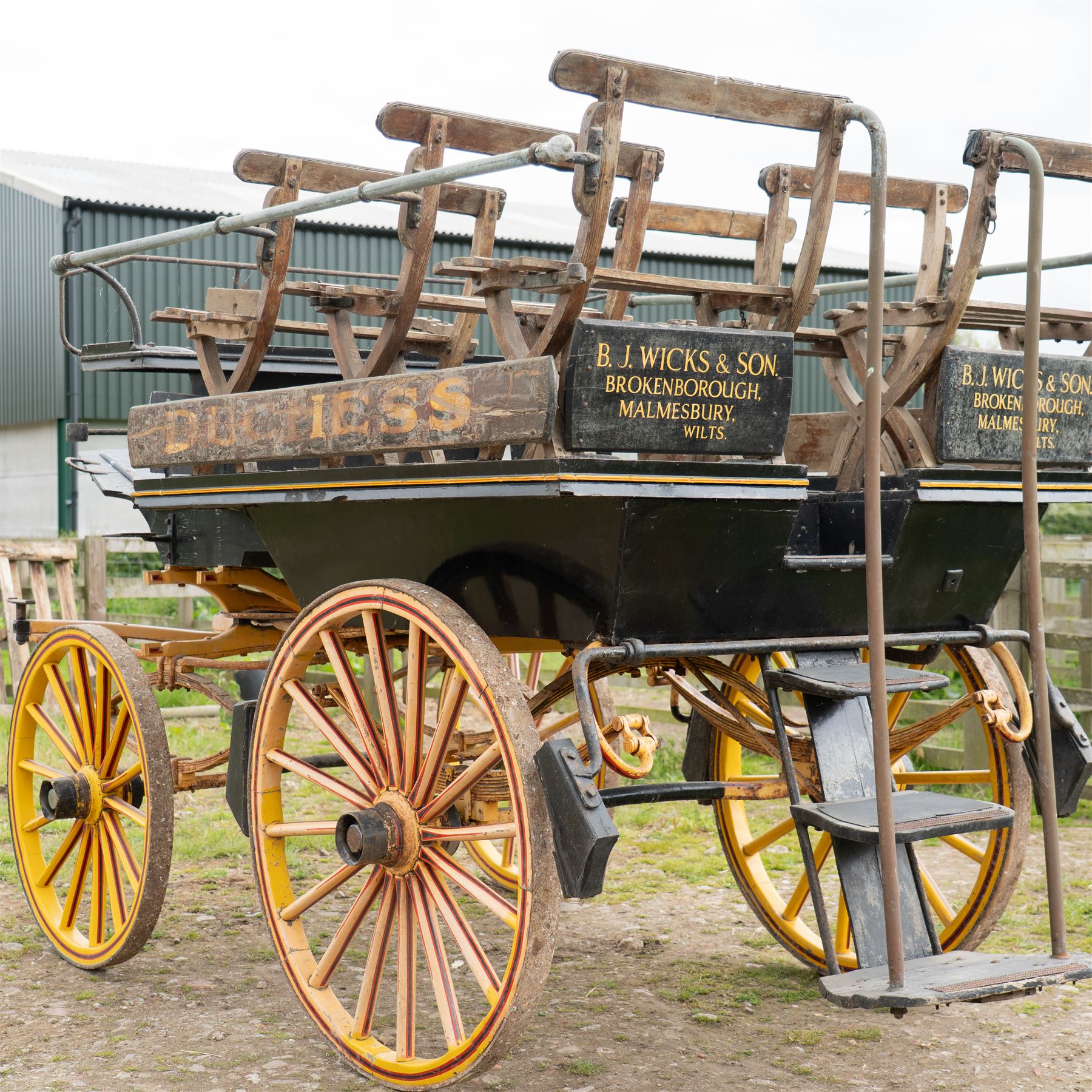 “The Duchess” Char-a-banc, ex. Bath Carriage Museum previously owned by B.J. Wicks & Son, Built by John Marstons, Birmingham.


A four wheeled horse drawn Char-a-Banc n named 