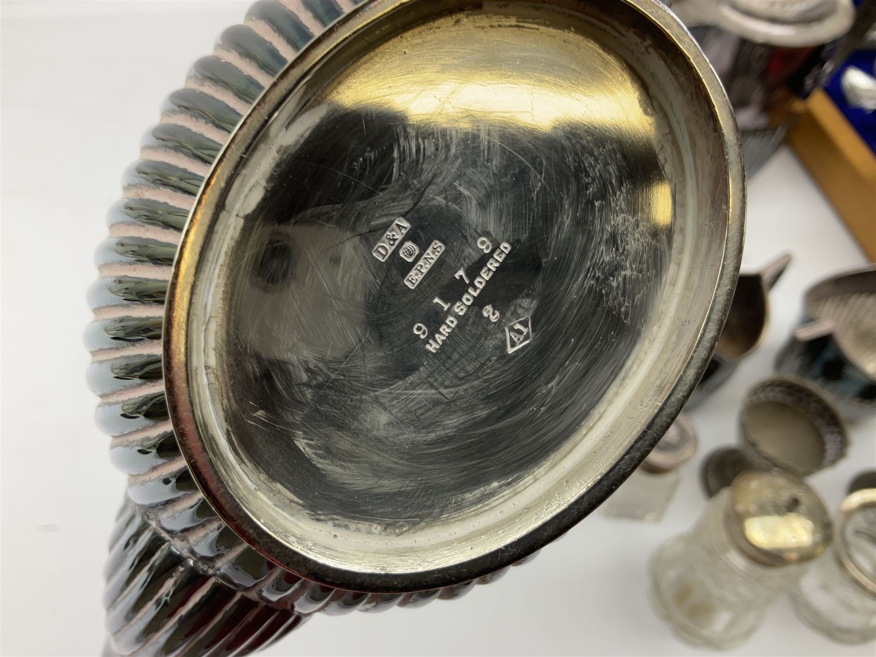 Silver mounted glass cruet set, Hallmark Walker & Hall, together with silver plate cased canteen, tea set etc