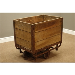  20th century pine and metal bound four wheel mining type cart, labelled 'W. Langley & Co', 77cm x 52cm, H73cm   