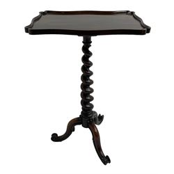 19th century rosewood side table, shaped rectangular top with raised lip, on tapered spiral turned column, three splayed supports with scroll carved terminals