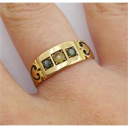Victorian 15ct gold three stone cats eye chrysoberyl and split pearl gypsy set ring, Chester 1884
