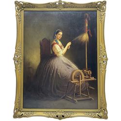 Anton Hölperl (Czech/Austrian 1820-1888): Girls Spinning, Embroidering and Grinding Coffee in Traditional Gowns, set three oils on canvas signed and dated 1863, 57cm x 43cm (3)