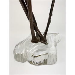 David Fryer Studios for Royal Worcester, a limited edition bronze and porcelain model of a kingfisher in flight, supported by bronze rushes, upon a clear base, signed D Fryer, and numbered 206/750, H48cm. 