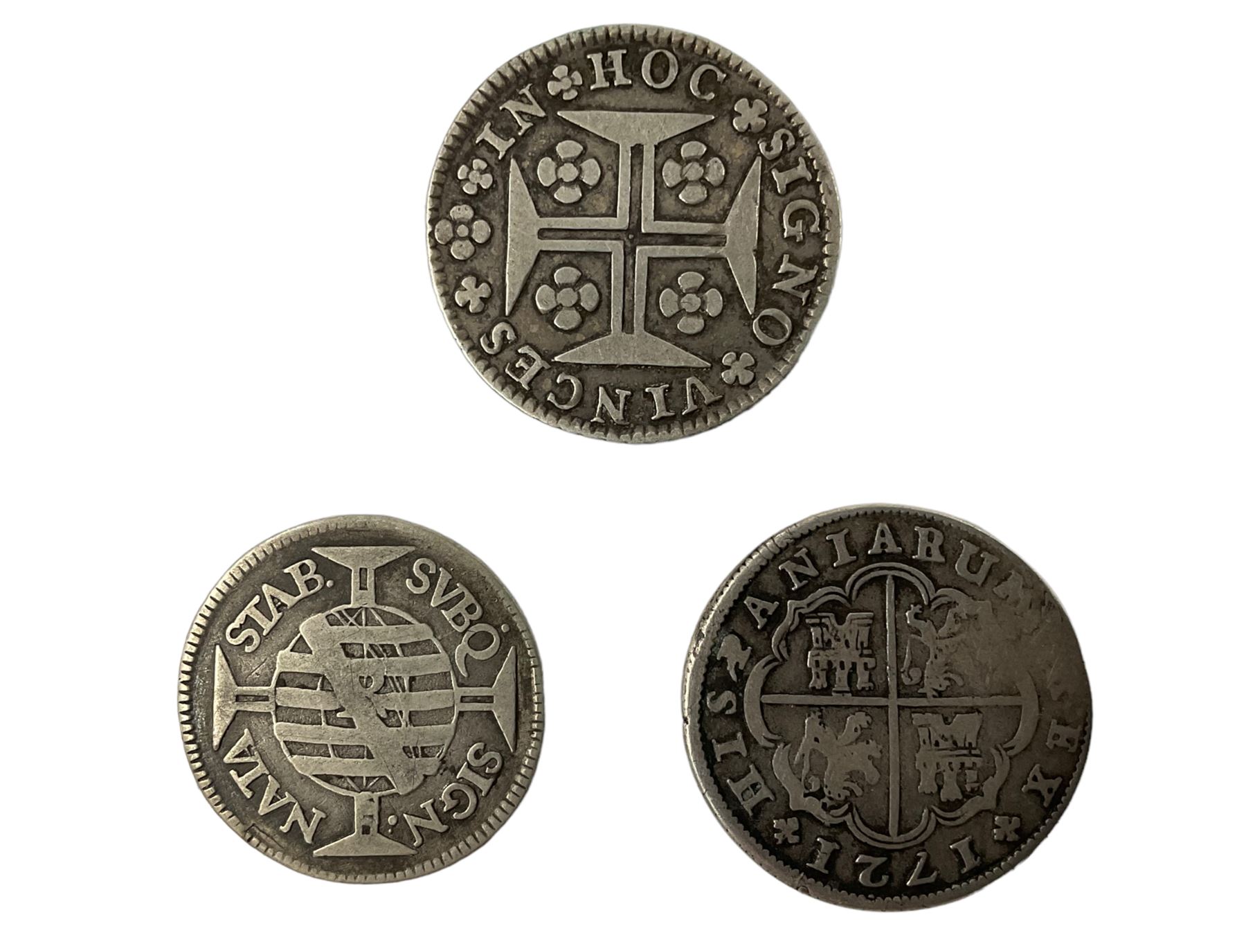 Philip V Spain 1721 two reals, Brazil 1748 one-hundred and sixty reis, Portugal 1767 two-hundred reis coin (3)