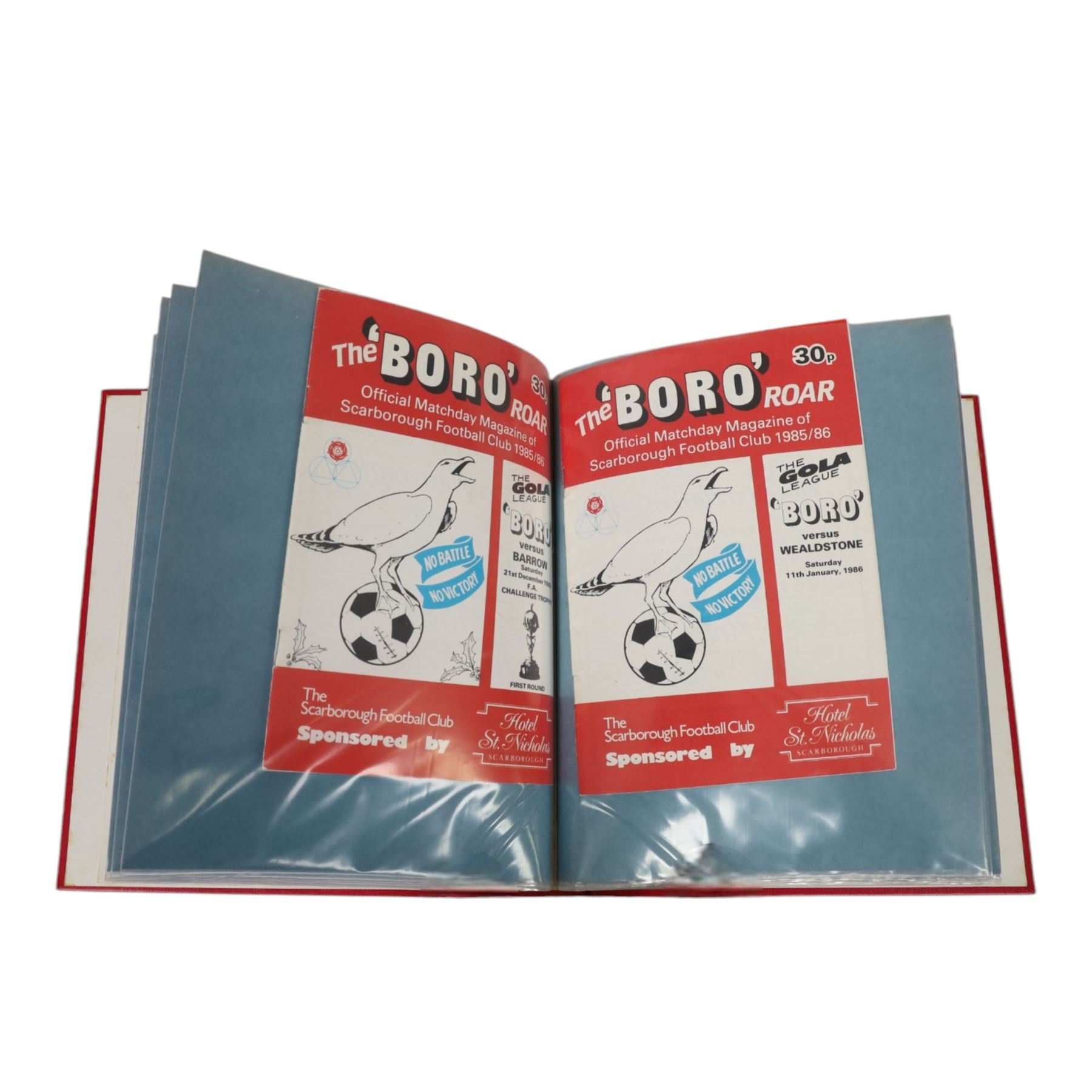 Comprehensive collection of approximately two-hundred Scarborough FC football programmes for the 1983/84, 1984/85,1985/86 and 1986/87 seasons, all filed within eight dedicated Scarborough FC red Home and Away binders 