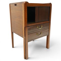  Late 18th century tray top bedside table, tray top with cut out handles, above a tambour shutter, with commode style pull out drawer beneath, raised on square tapering supports