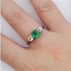 Early 20th century 15ct and palladium three stone emerald and old cut diamond ring, emerald approx 0.35 carat, total diamond weight approx 0.40 carat