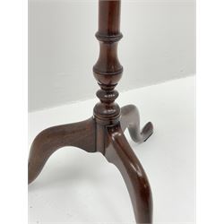 George III mahogany tripod candle stand or wine table, circular dished top with moulded edge, collar turned column on three splayed supports with spade shaped feet