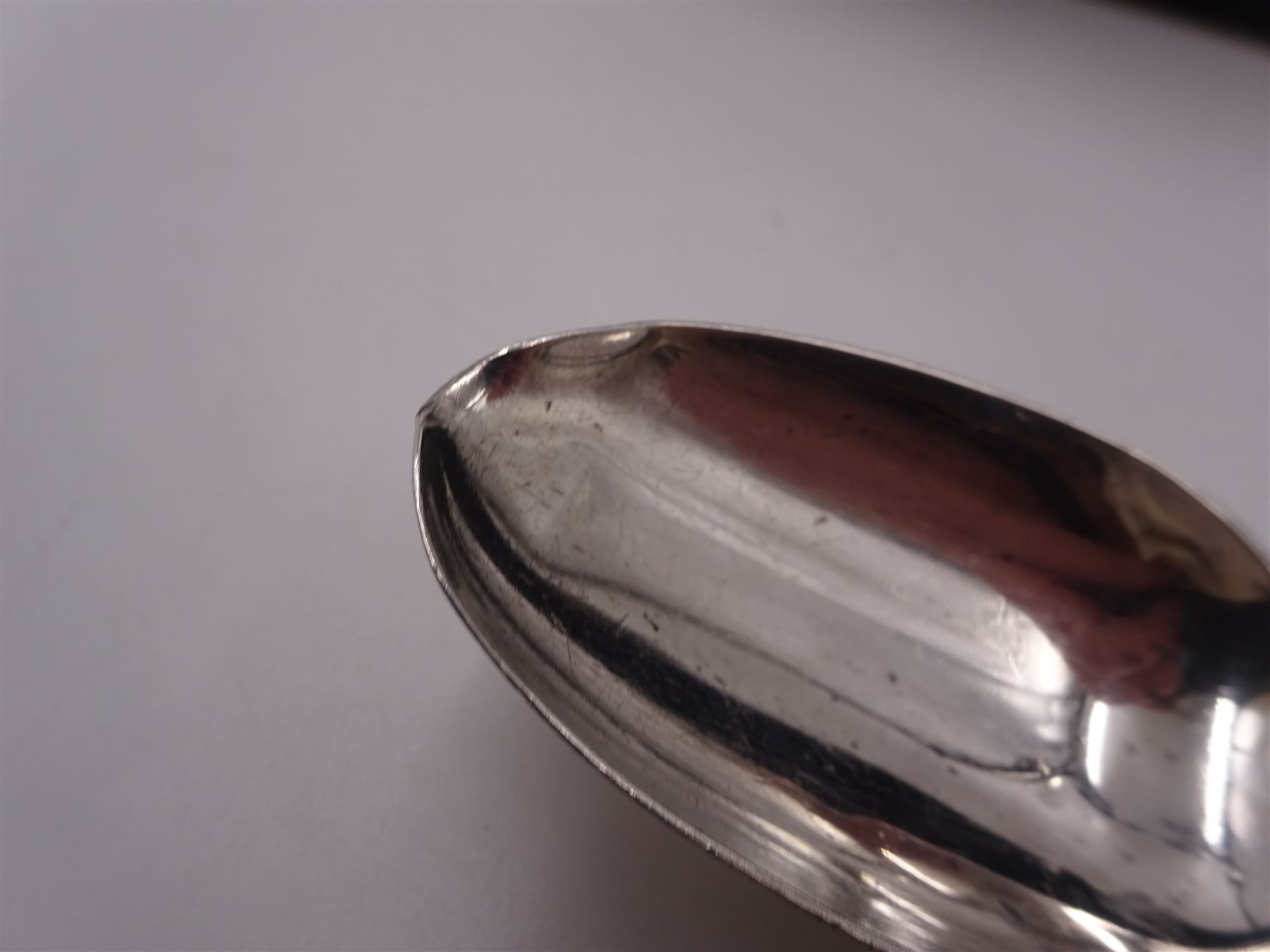 Set of six George IV York silver Fiddle Shell pattern teaspoons, each with engraved initials, hallmarked Edward Jackson, York 1821