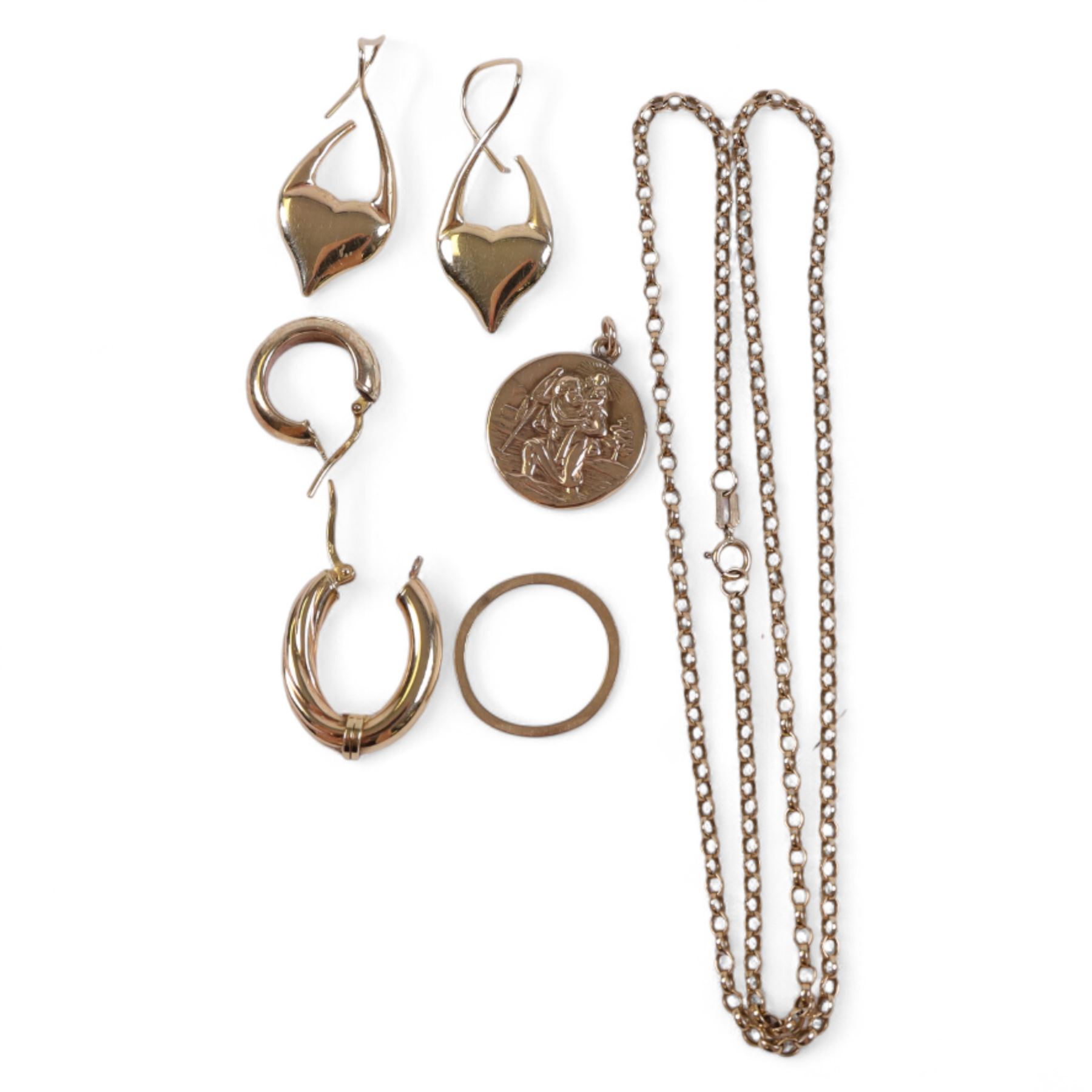 Pair of 14ct gold heart earrings, 9ct gold jewellery including St Christopher charm, ring, chain and single earring, and a silver gilt hoop earring