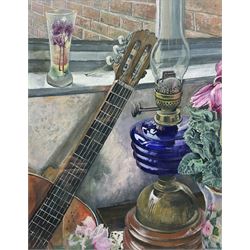 R Greenley (British 20th century): Still Life of Guitar and Oil Lamp on Ledge, gouache on paper signed 44cm x 35cm 