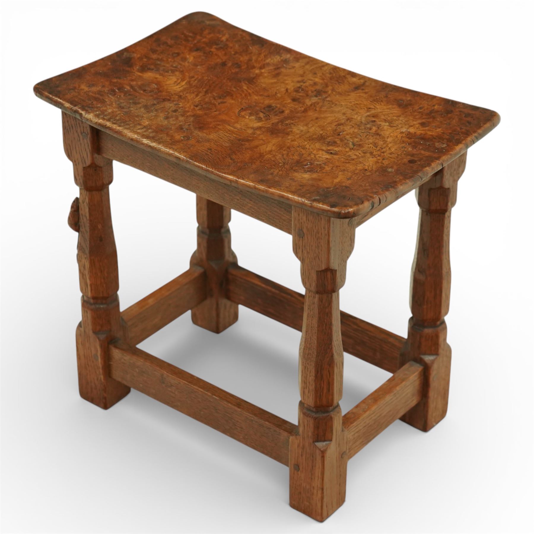 Mouseman - circa 1927 burr oak joint stool, with dished top, on chamfered octagonal supports, with  carved mouse signature, by Robert Thompson of Kilburn
