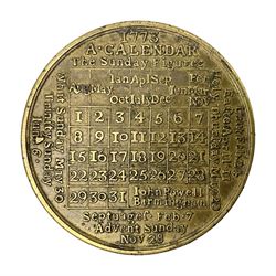 18th century brass calendar medal, for 1756, by John Powell, with moonphase calendar to reverse 
