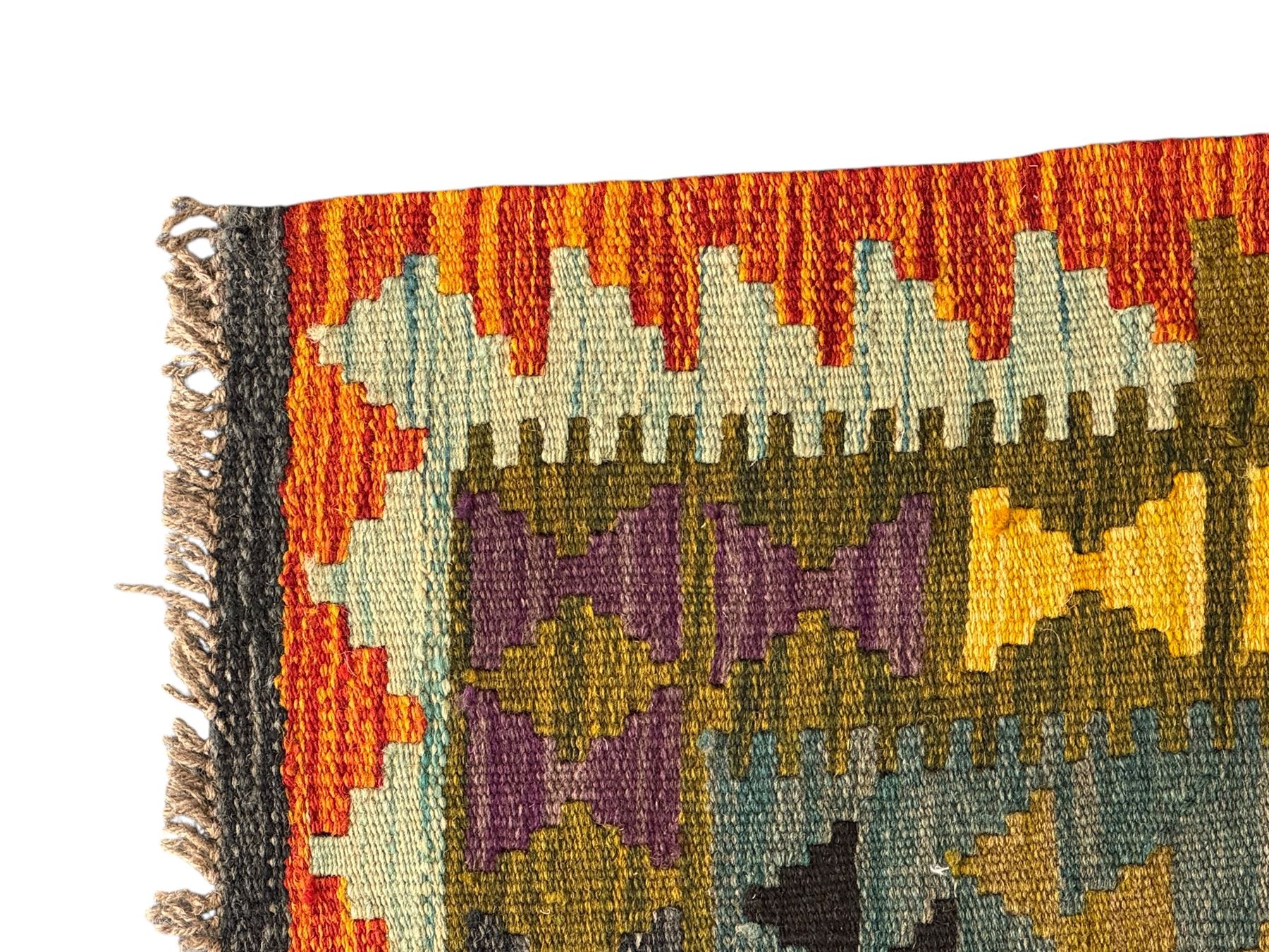 Afghan Maimana Kilim flatweave rug, teal ground with a vibrant multicoloured diamond lattice, framed by stylised border motifs and finished with fringed edges